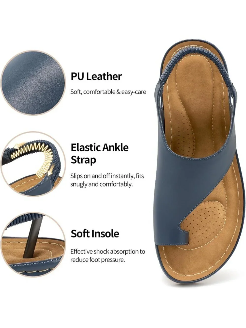 Women's Blue Cushioned Soft PU Leather Lightweight Comfortable Wedge Sandal